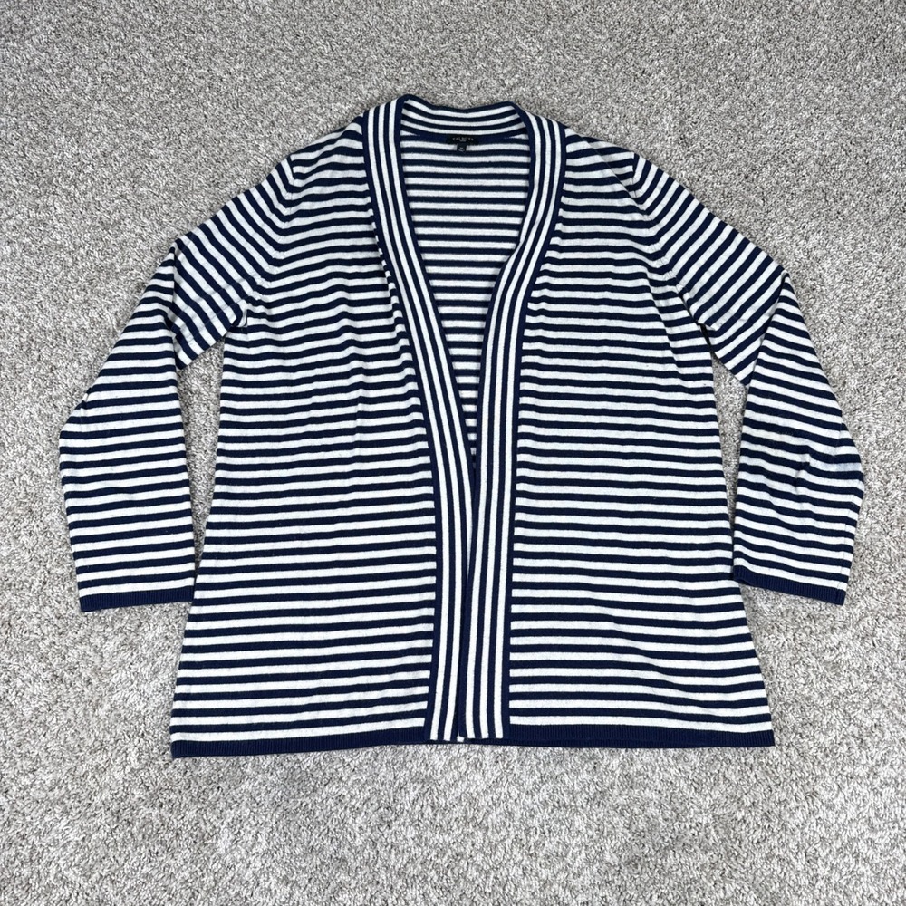 Talbots Cardigan Sweater Womens 1X Navy Blue White Stripe‎ Lambswool Nautical